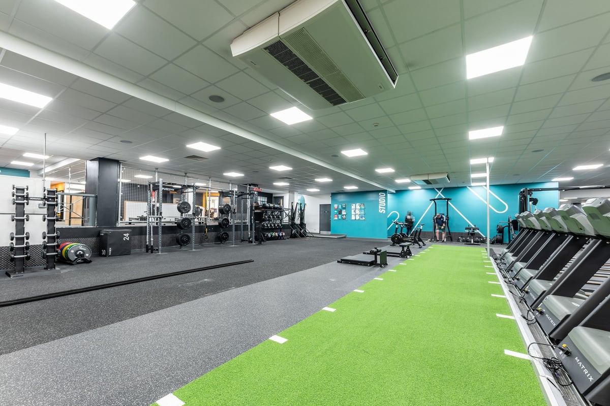 PureGym Luton And Dunstable: Strength training area, weight racks, turf section, mirrored walls, typical gym layout.