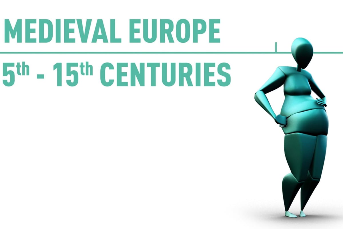 Text "Medieval Europe 5th - 15th centuries" with a teal abstract human figure standing on