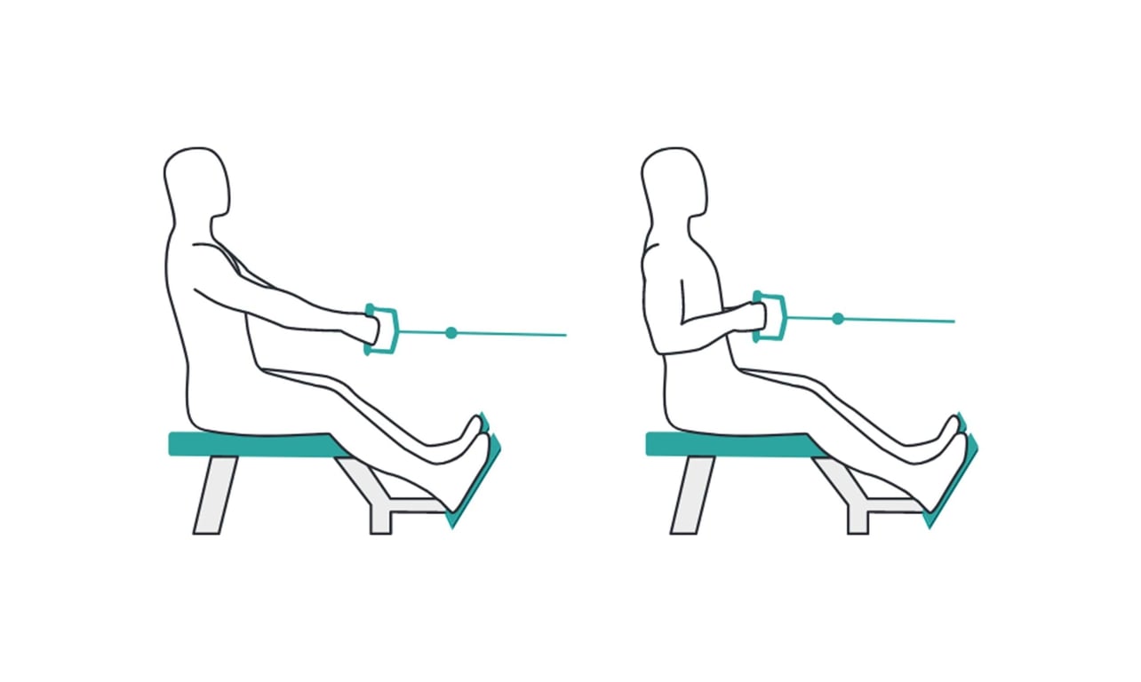 Two figures demonstrating rowing exercise on a bench with a resistance cable.