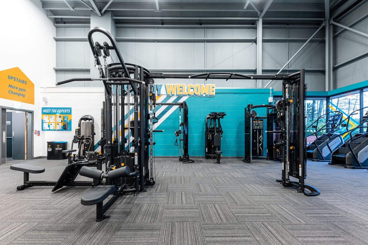 PureGym Heanor: Rows of functional training rigs, weightlifting platforms, and resistance machines in an open gym space.