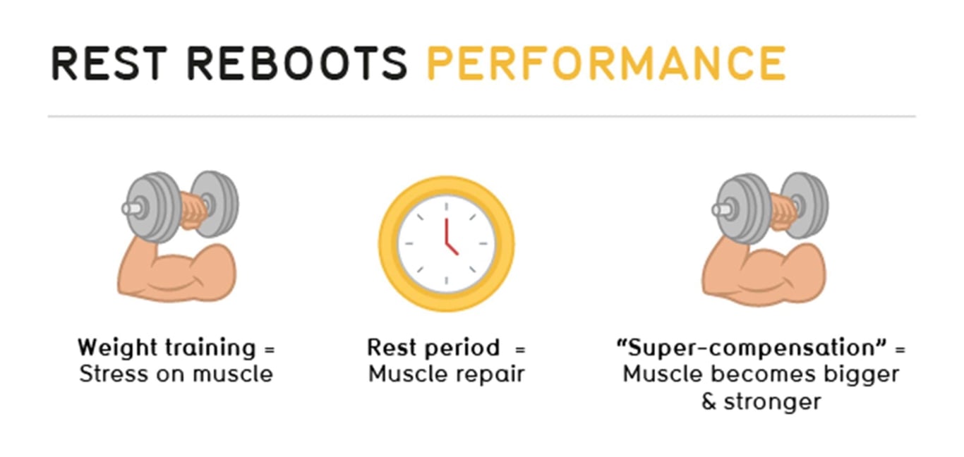 Muscle arm lifting dumbbell, clock, and muscle arm lifting dumbbell with text explanations