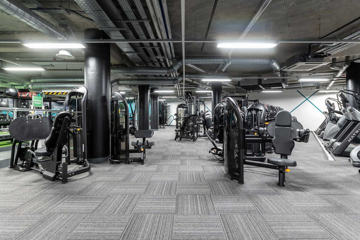 PureGym London Camberwell New Road: Weight machines, free weights, benches, and rubberized flooring in a basement gym space.