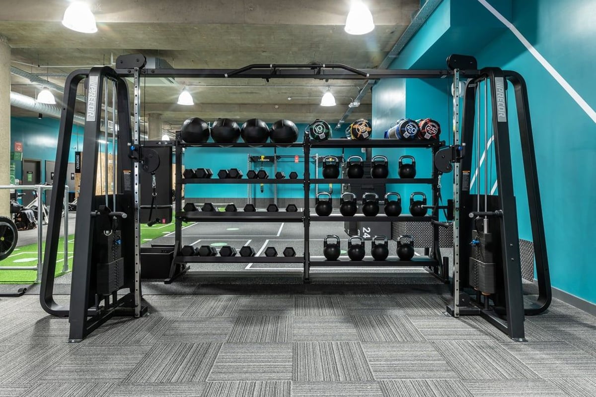 PureGym London Leytonstone: Free weight racks, resistance machines, rubberized flooring in a teal-colored gym studio.