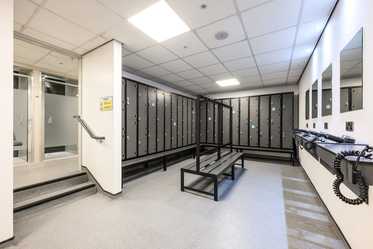 PureGym Salford changing rooms with lockers and benches