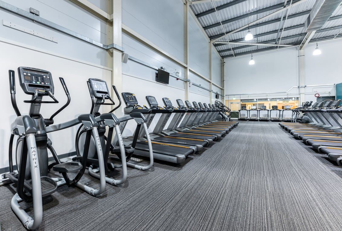 PureGym Sunderland: Rows of elliptical machines, treadmills, and stationary bikes in a bright gym space.