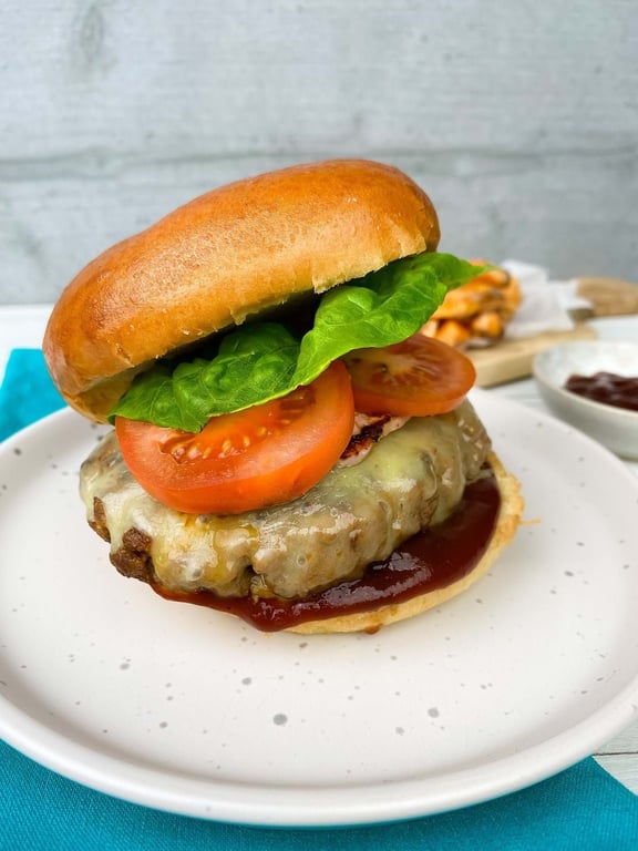 Cheeseburger with lettuce, tomato, and barbecue sauce on a white plate