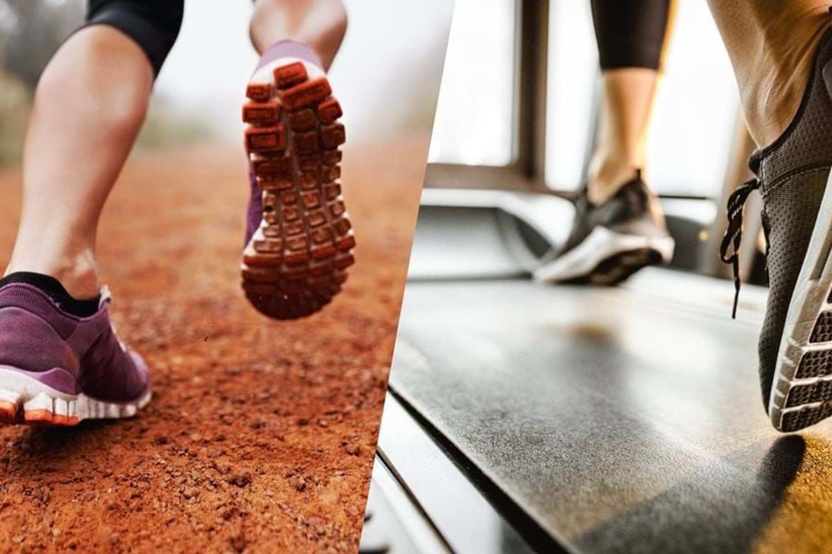 Close-up of feet running on a dirt path and on a treadmill indoors.