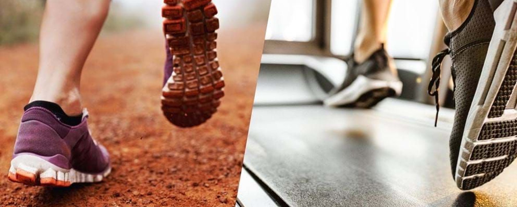 Close-up of feet running on a dirt path and on a treadmill indoors.