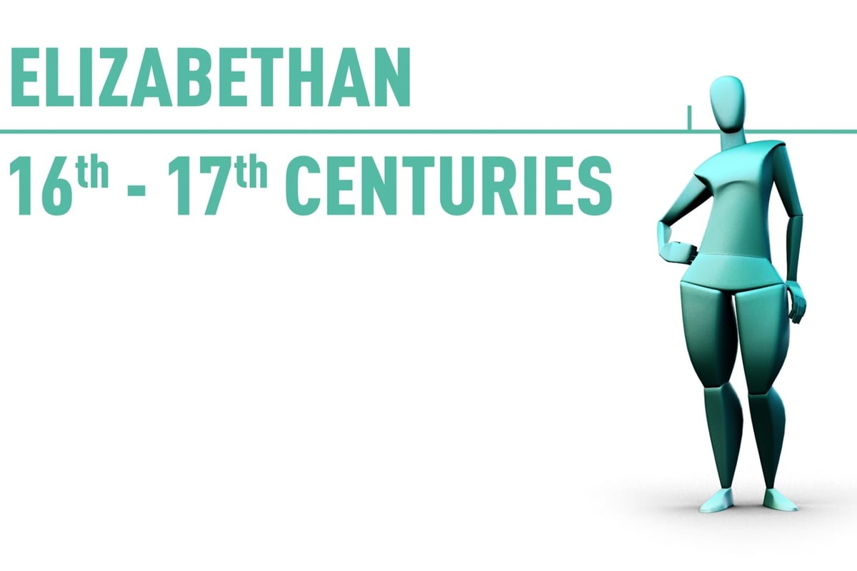 Text "Elizabethan 16th - 17th centuries" with a blue mannequin figure on white background