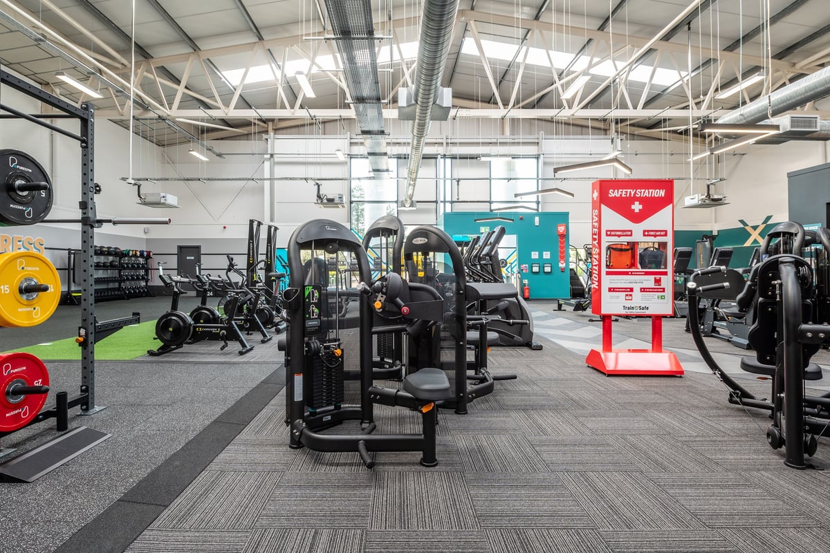 PureGym Bridgend: Weight machines, squat racks, benches, free weights, and resistance equipment in a large gym space.