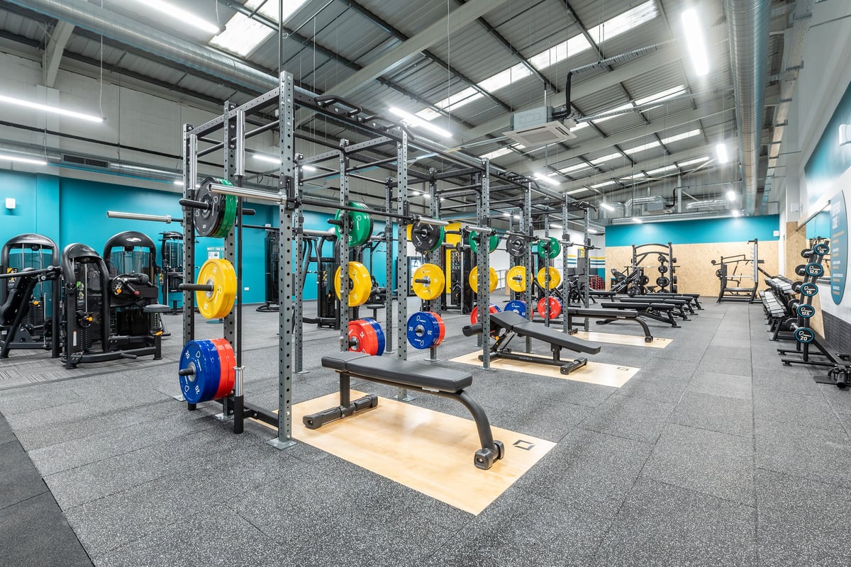 PureGym Newhaven: Strength racks, colourful weight plates, benches, rubberized flooring in a well-lit gym interior.