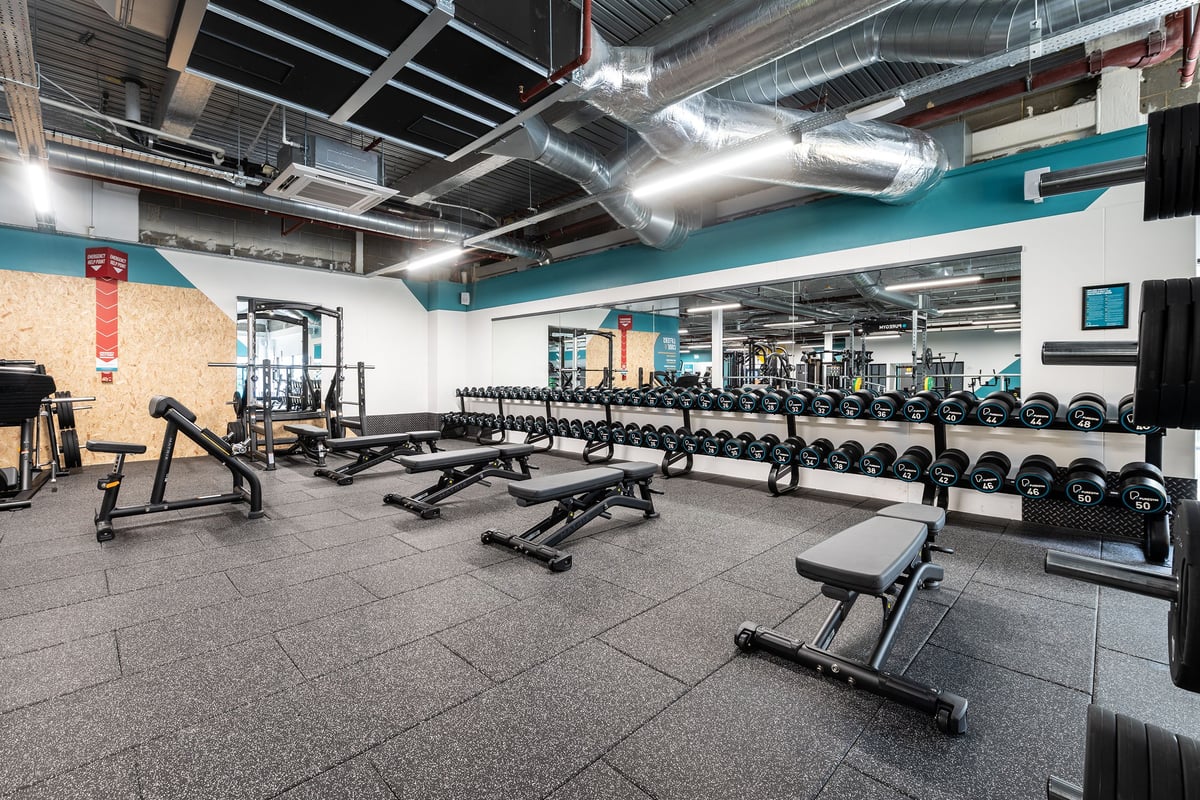 PureGym Erith:  Free weights, benches on rubberized flooring in spacious gym.
