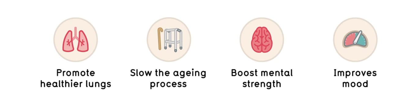 Four circular icons showing lungs, walking aids, brain, and mood meter with related health