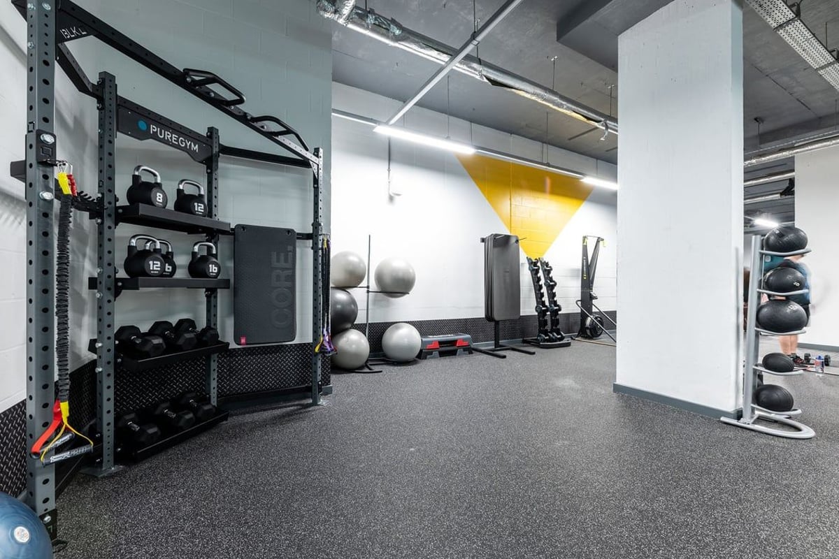 PureGym London Hammersmith Palais: Strength training racks, medicine balls, free weights, rubberized floors in a gym studio.