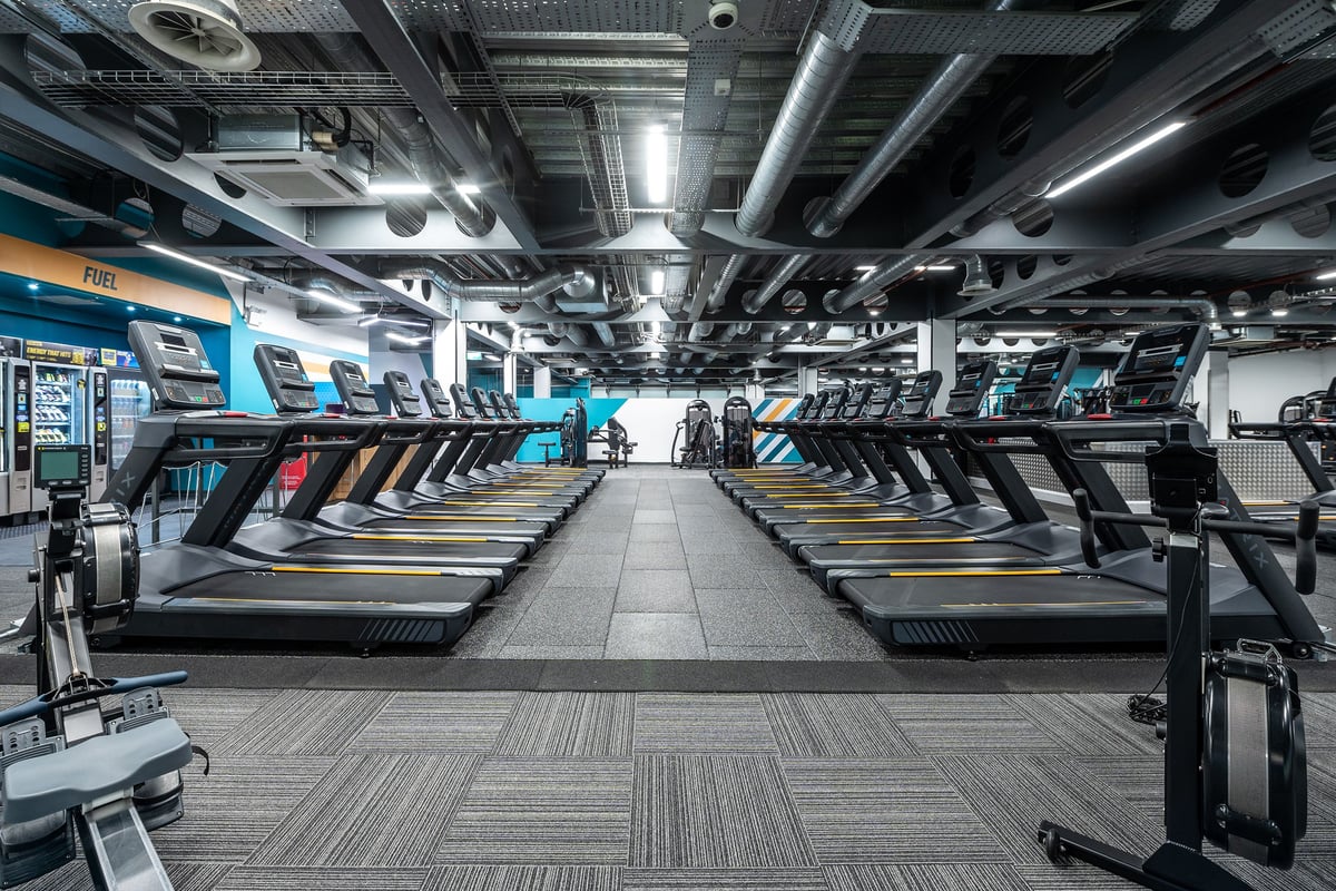 PureGym Manchester Spinningfields: Rows of treadmills, ellipticals, and stationary bikes in a spacious fitness studio.