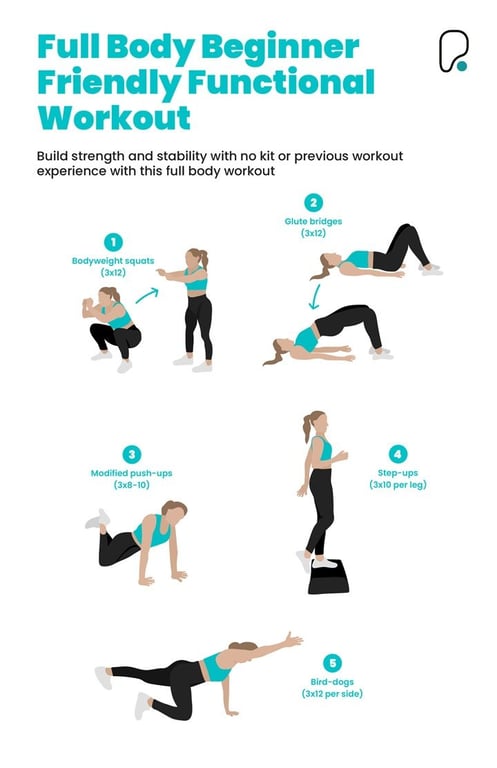 Illustrated workout guide for a full body, beginner friendly functional workout
