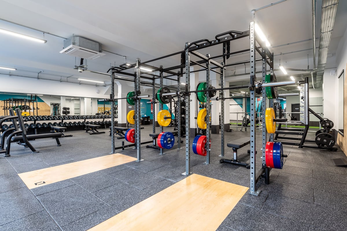 PureGym Brentwood: Multicoloured weight racks, rubberized floors, exercise rigs with suspension training equipment.