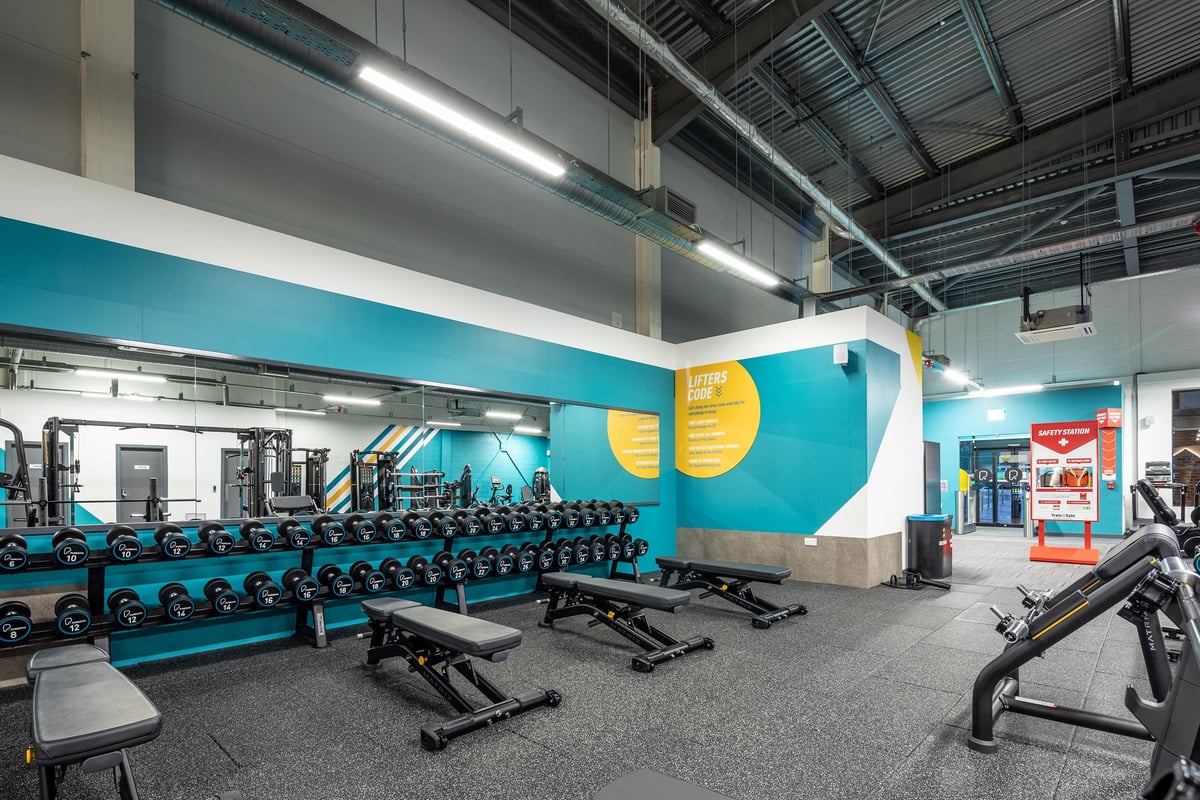 PureGym Wantage: Rows of dumbbell racks, weight benches, and teal-coloured walls with exercise illustrations.