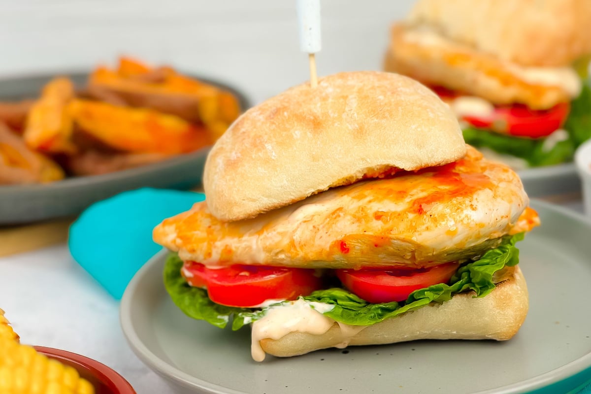 Grilled chicken burger with lettuce, tomato and sauce on a bun with chips on the side