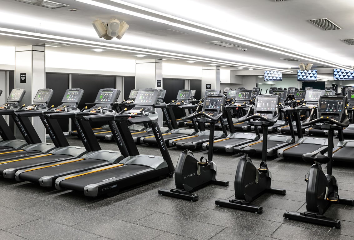 PureGym Brighton Central: Rows of treadmills, ellipticals, and stationary bikes in a gym setting.