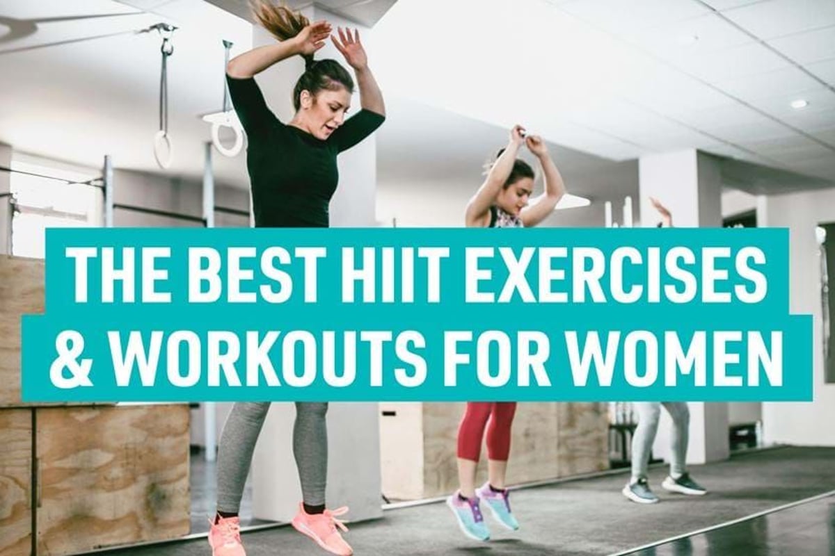 Women exercising in gym doing jump squats with text overlay about HIIT workouts.