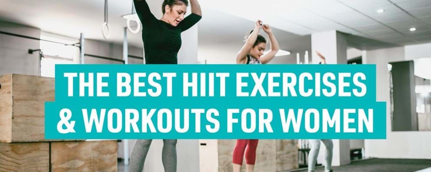 Women exercising in gym doing jump squats with text overlay about HIIT workouts.