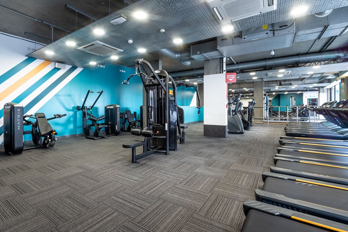 PureGym London Limehouse: Gym studio with weight machines, free weights, benches, treadmills, and rubberized flooring.