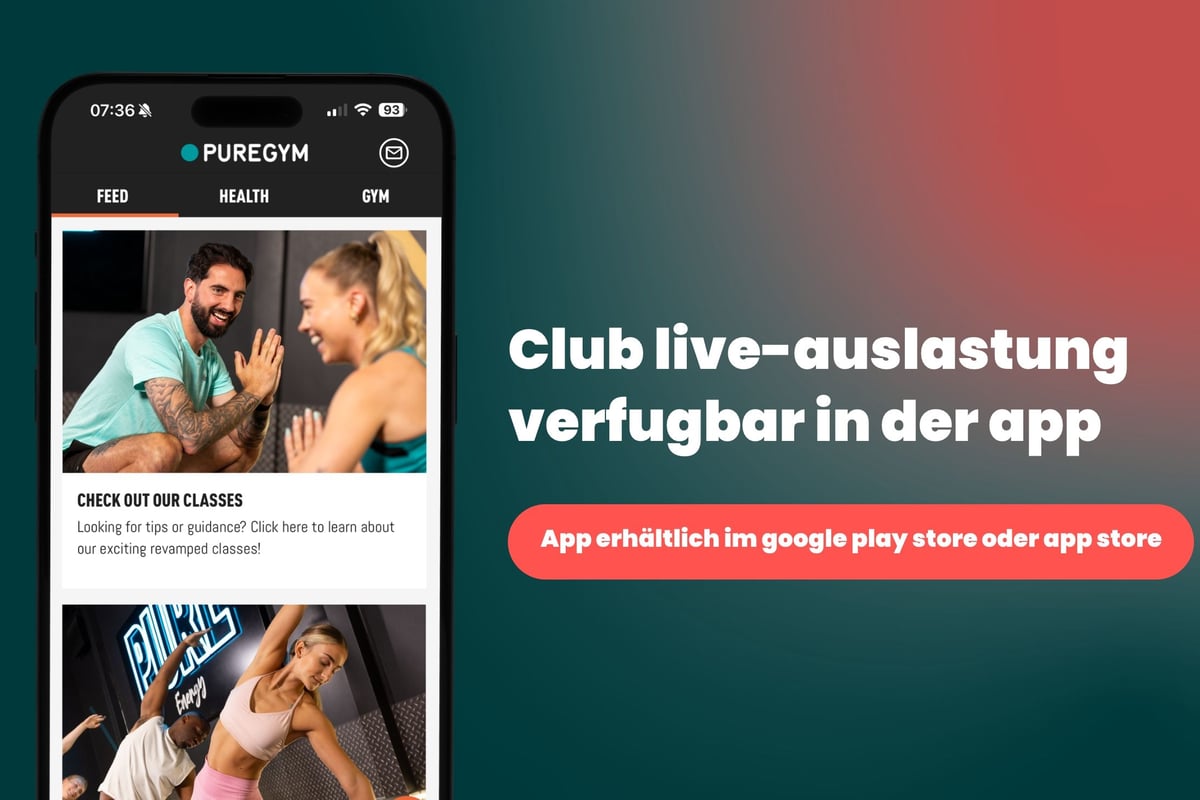 PureGym app displaying fitness classes and live streaming features on smartphone screen