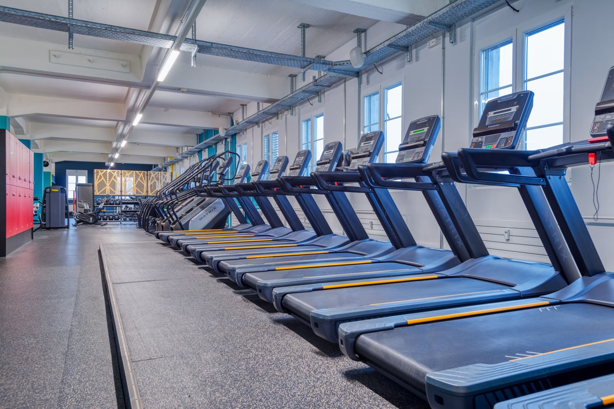 Gym Olten Cardioraum mit langer Laufbandreiche und natürlichem Licht