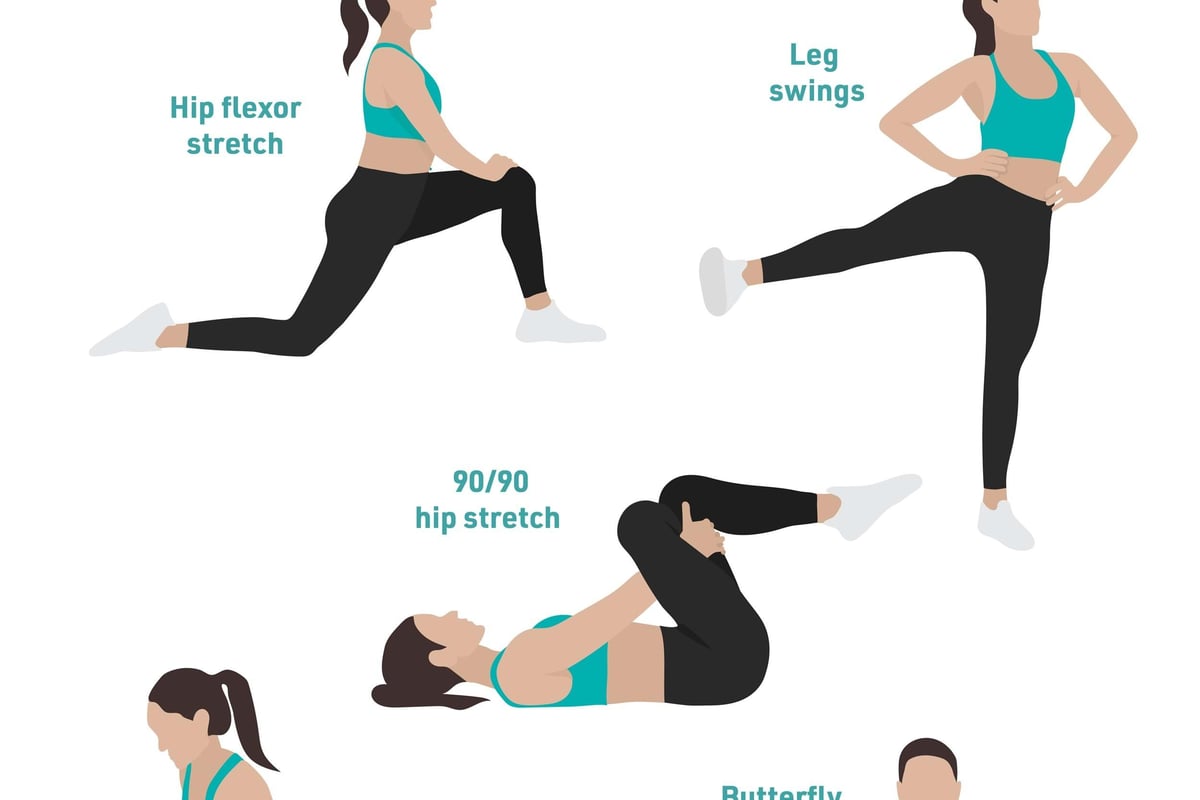 Woman demonstrating five hip stretches including hip flexor and leg swings
