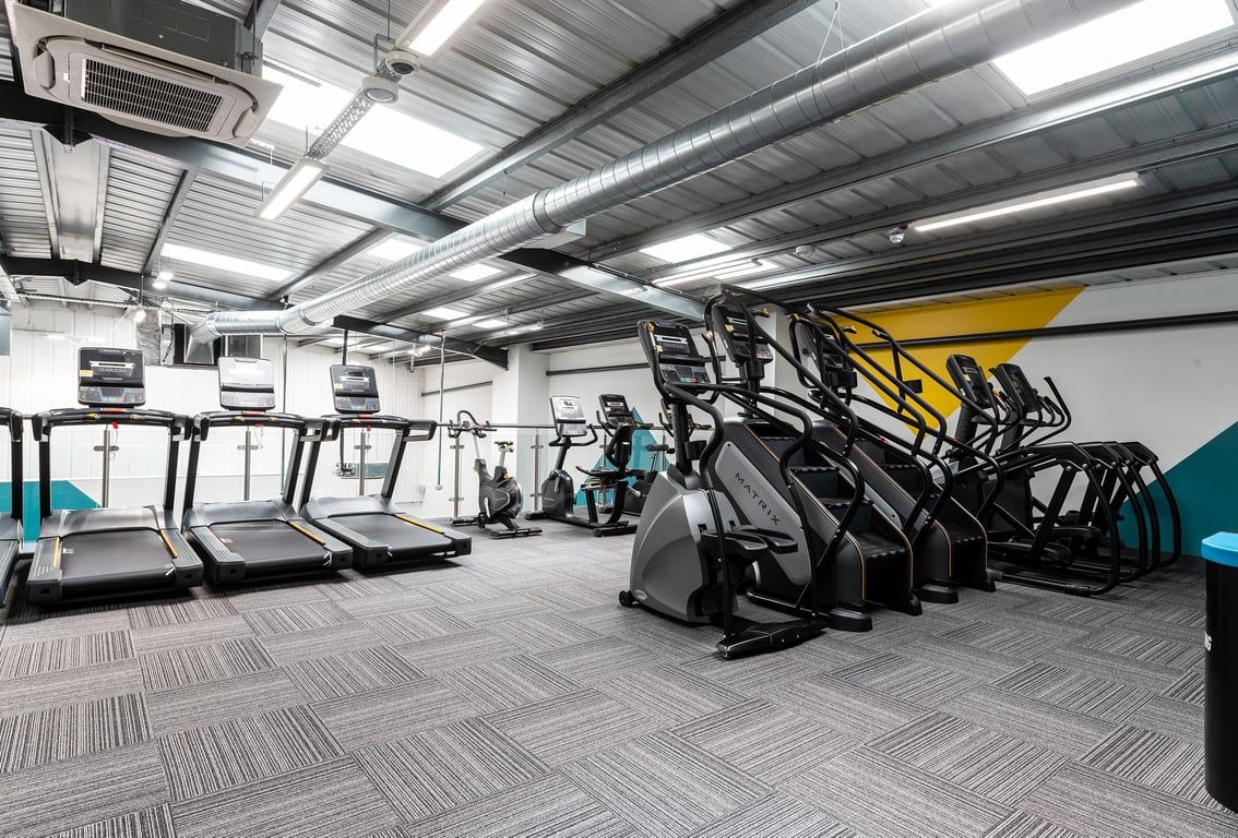 PureGym Northallerton: Rows of treadmills, ellipticals, weight machines, and dumbbells in a gym studio.