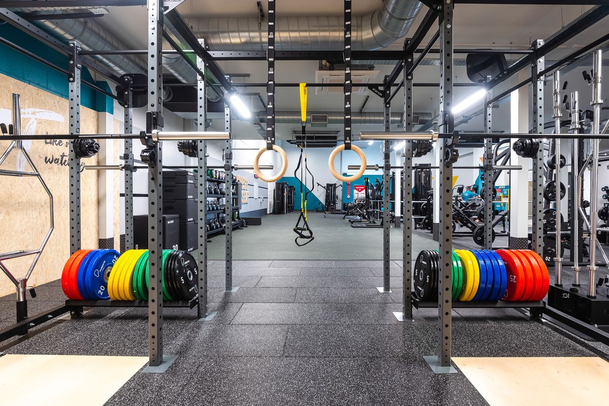 PureGym Linlithgow: Rig frames, weight plates in vibrant colours, rubberized flooring, and suspension training gear.
