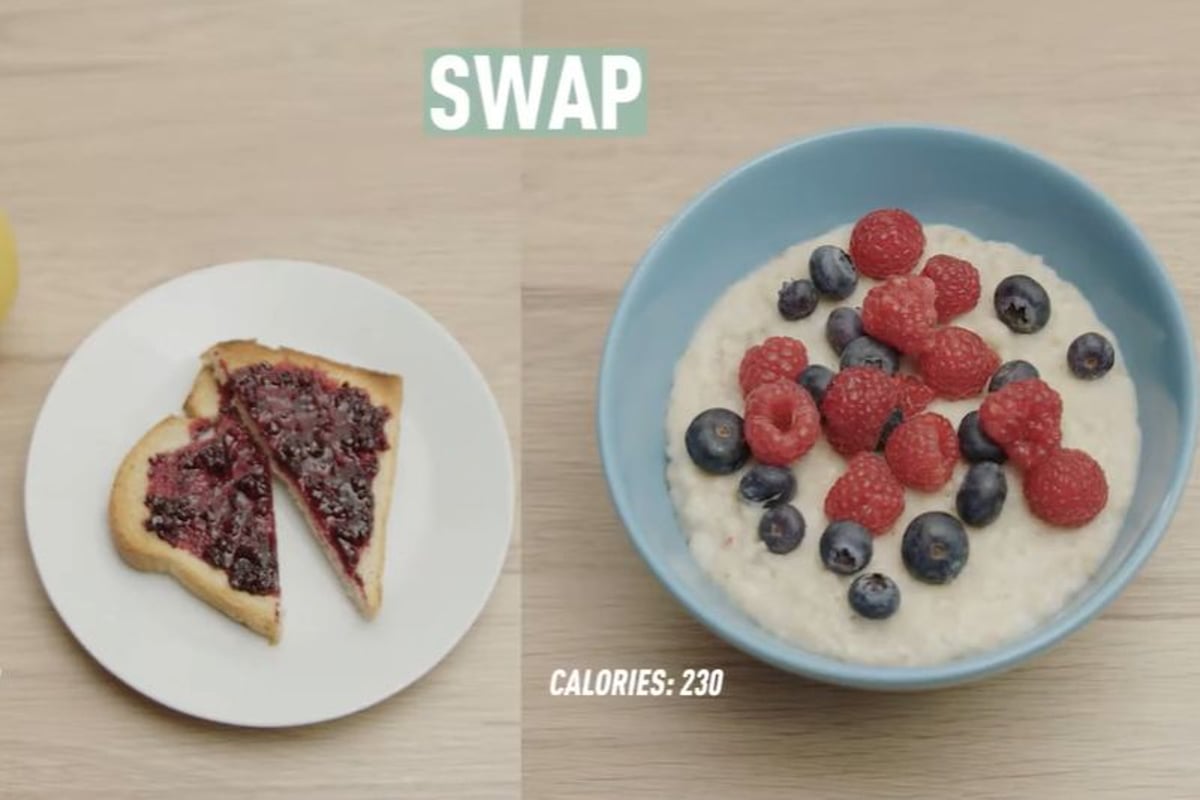 Two slices of jam toast, porridge with berries, bowl of granola, and two poached eggs on t