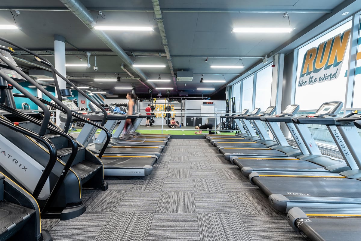 PureGym Walton-on-thames: Rows of treadmills, ellipticals, and recumbent bikes in a brightly lit gym interior.