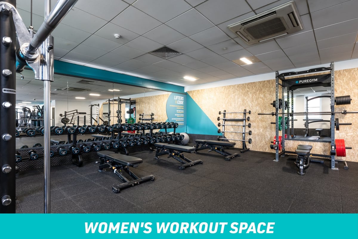 PureGym London Enfield Women's Workout Space: dumbbells, benches, squat rack, bar bells
