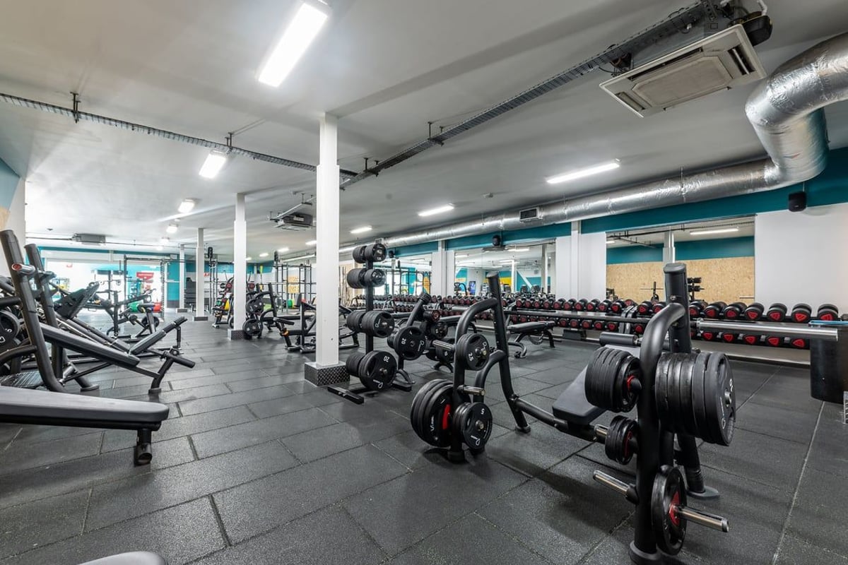 PureGym Ashton Under Lyne: Strength training area with weight machines, benches, dumbbells, and weight plates.