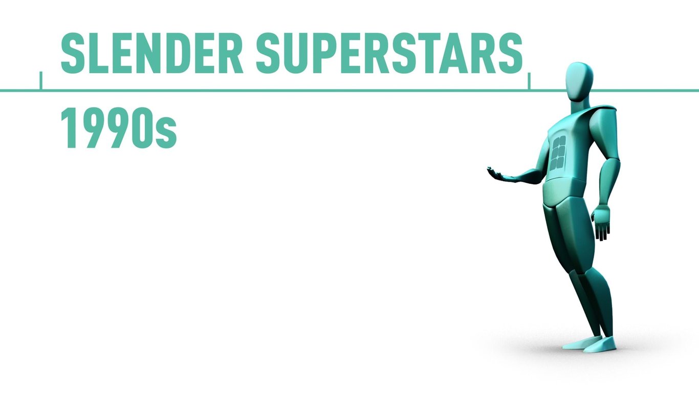 Slender teal mannequin leaning back with text Slender Superstars 1990s on white background
