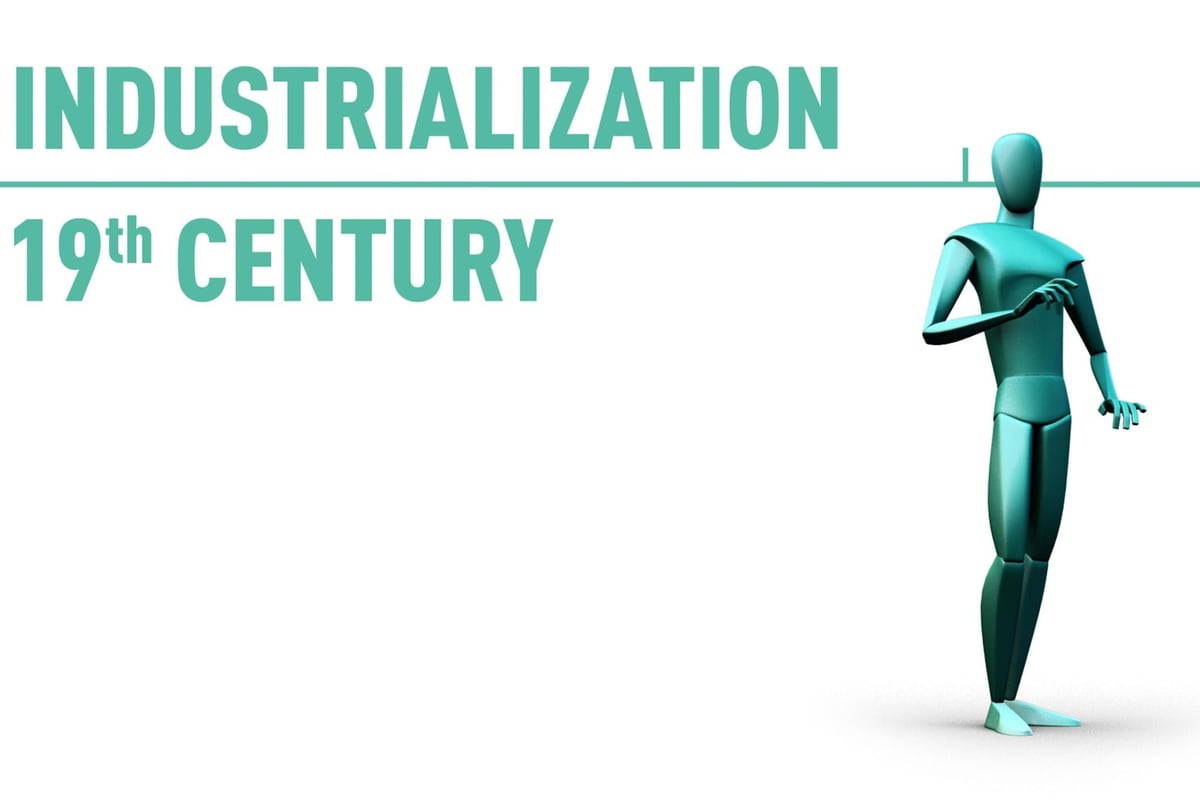 Turquoise mannequin figure standing next to text reading Industrialization 19th Century