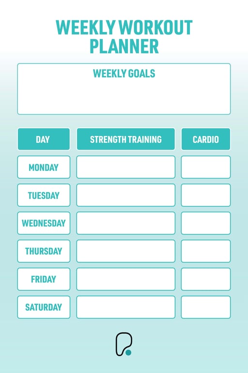 Weekly workout planner with sections for weekly goals, strength training, and cardio by da
