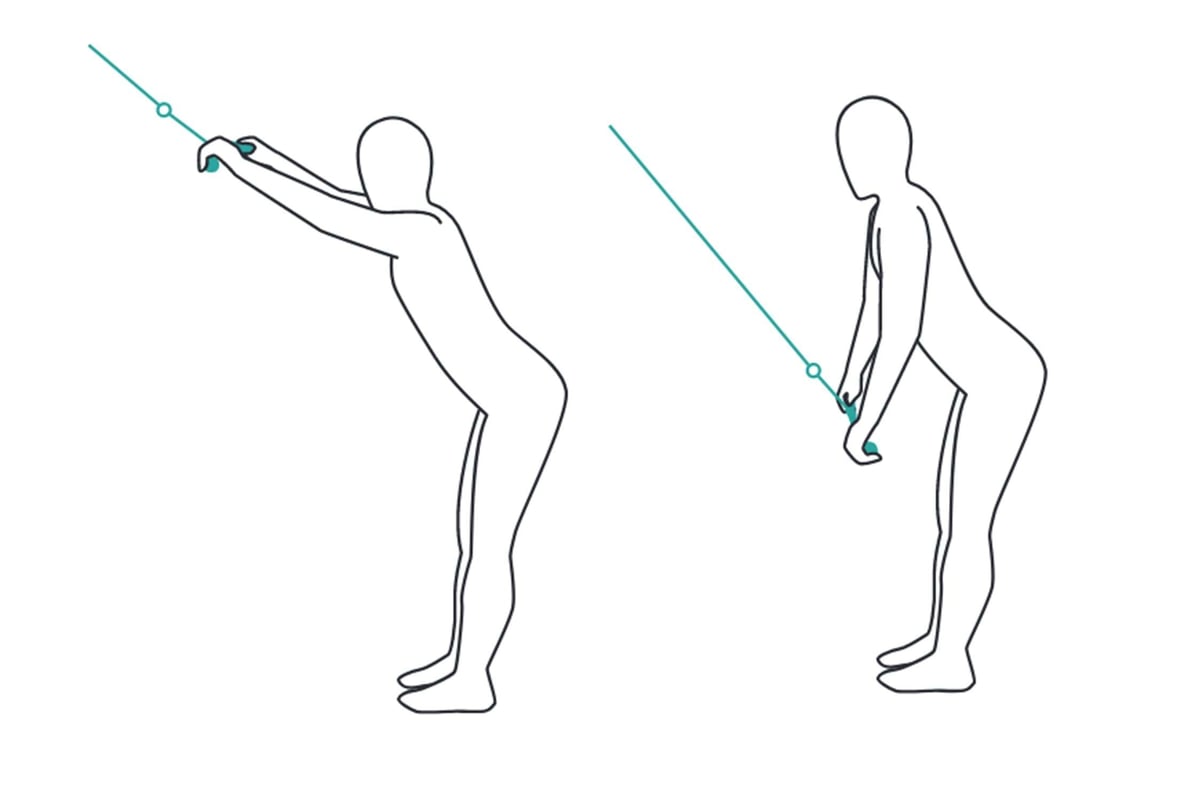 Two figures demonstrating a cable exercise with bent knees and arms extended forward and d