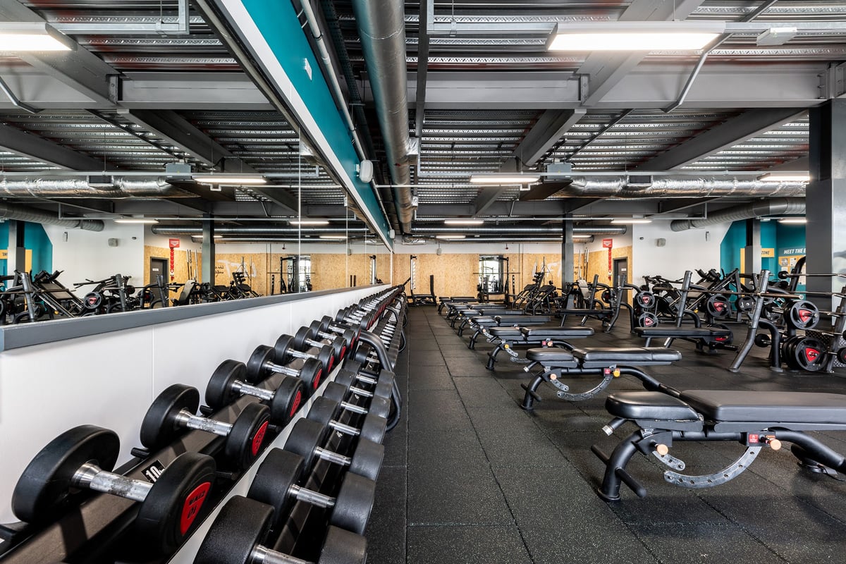 PureGym Reading Basingstoke Road: Rows of dumbbells, benches, and workout equipment in a basement gym setting.