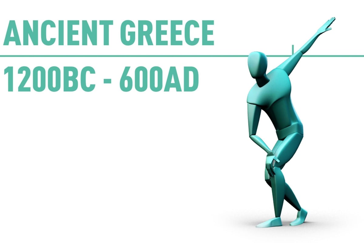 Turquoise mannequin in a pose next to text Ancient Greece 1200BC - 600AD