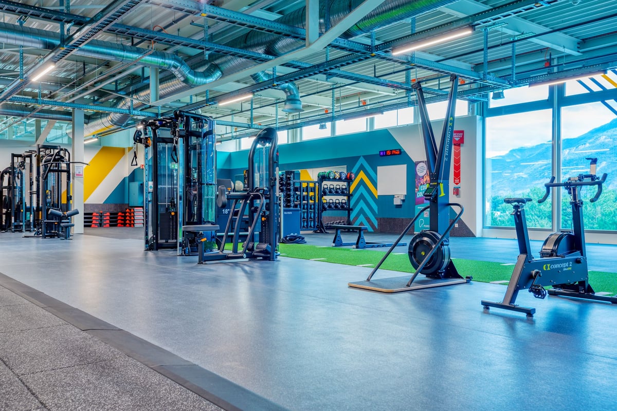 PureGym Martigny: Innenausstattung des Fitnessraums mit Kraftgeräten, Freihanteln, Rasenfläche und Wandgrafiken zur Präsentation der Geräte.