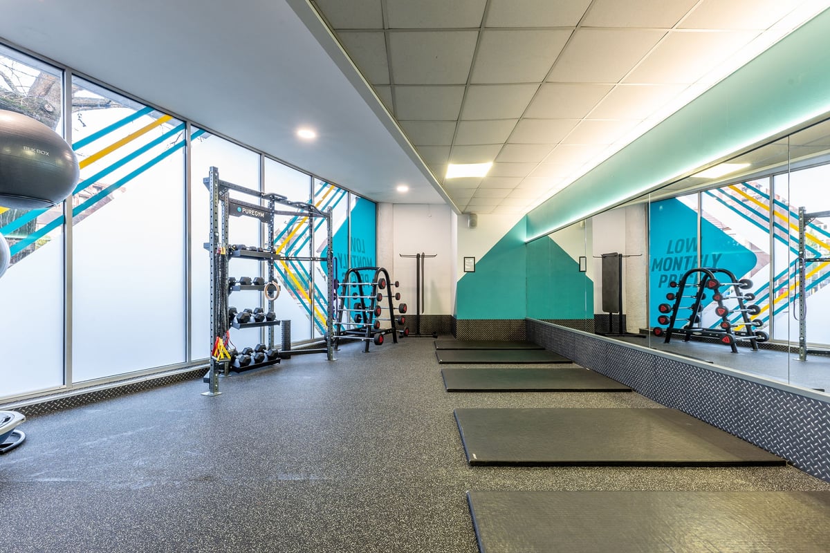 PureGym Purley: Resistance machines, rubberised flooring, wall graphics promoting lifting, and mirrored walls.