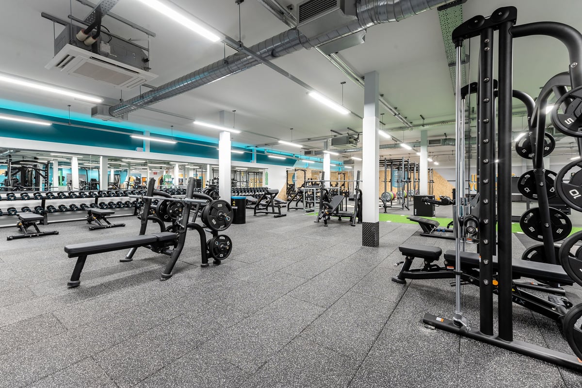 PureGym Milton Keynes Kingston Centre: Rows of weight benches, squat racks, dumbbells, and weight plates.