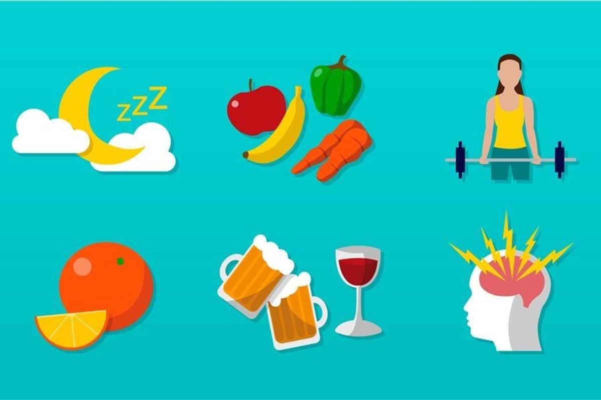 Moon with clouds and zzz, fruits and vegetables, woman lifting weights, orange, beer mugs
