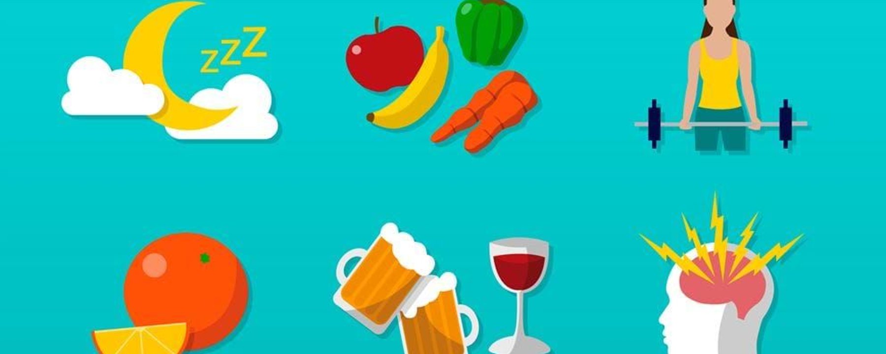 Moon with clouds and zzz, fruits and vegetables, woman lifting weights, orange, beer mugs