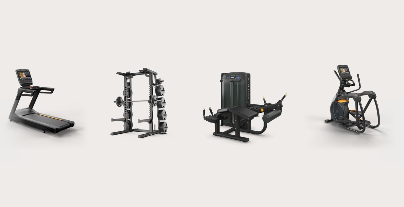 Laufband, Gewichtsstativ, liegender Beinbeuger und Quadrizepsmaschine