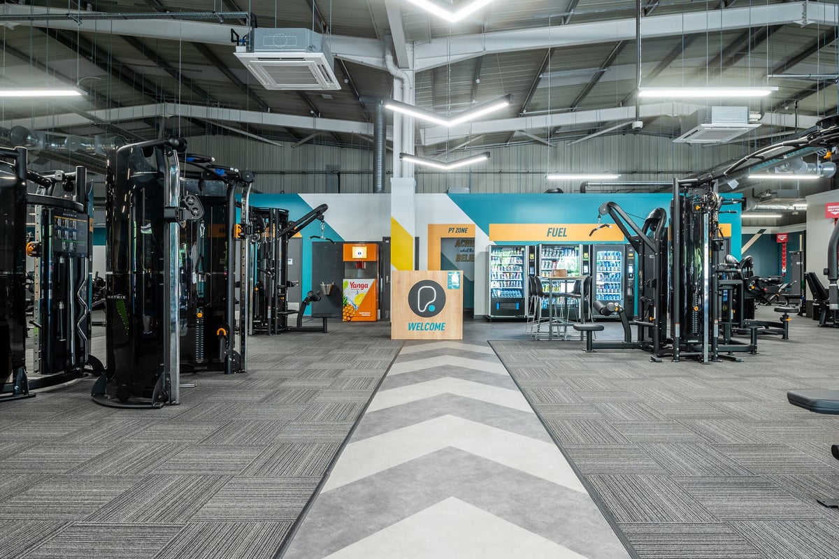 PureGym Horsham: Weight machines, squat racks, benches, rubberized flooring in a brightly lit gym interior.
