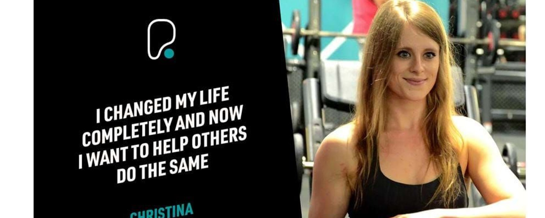 Woman in gym resting arms on weights beside text about changing life and helping others